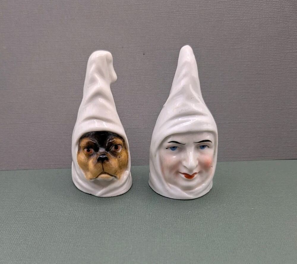 Porcelain Candle Snuffers Punch & Judy RARE Judy & Toby The Dog Pair